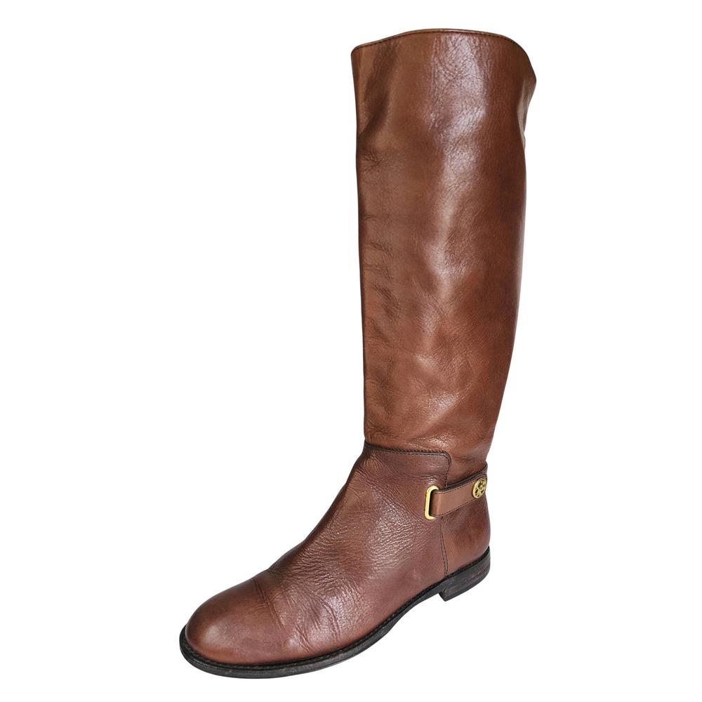 Coach Marina Brown Leather Tall Riding Boots A4232 Womens 8.5 B Cognac Gold Logo